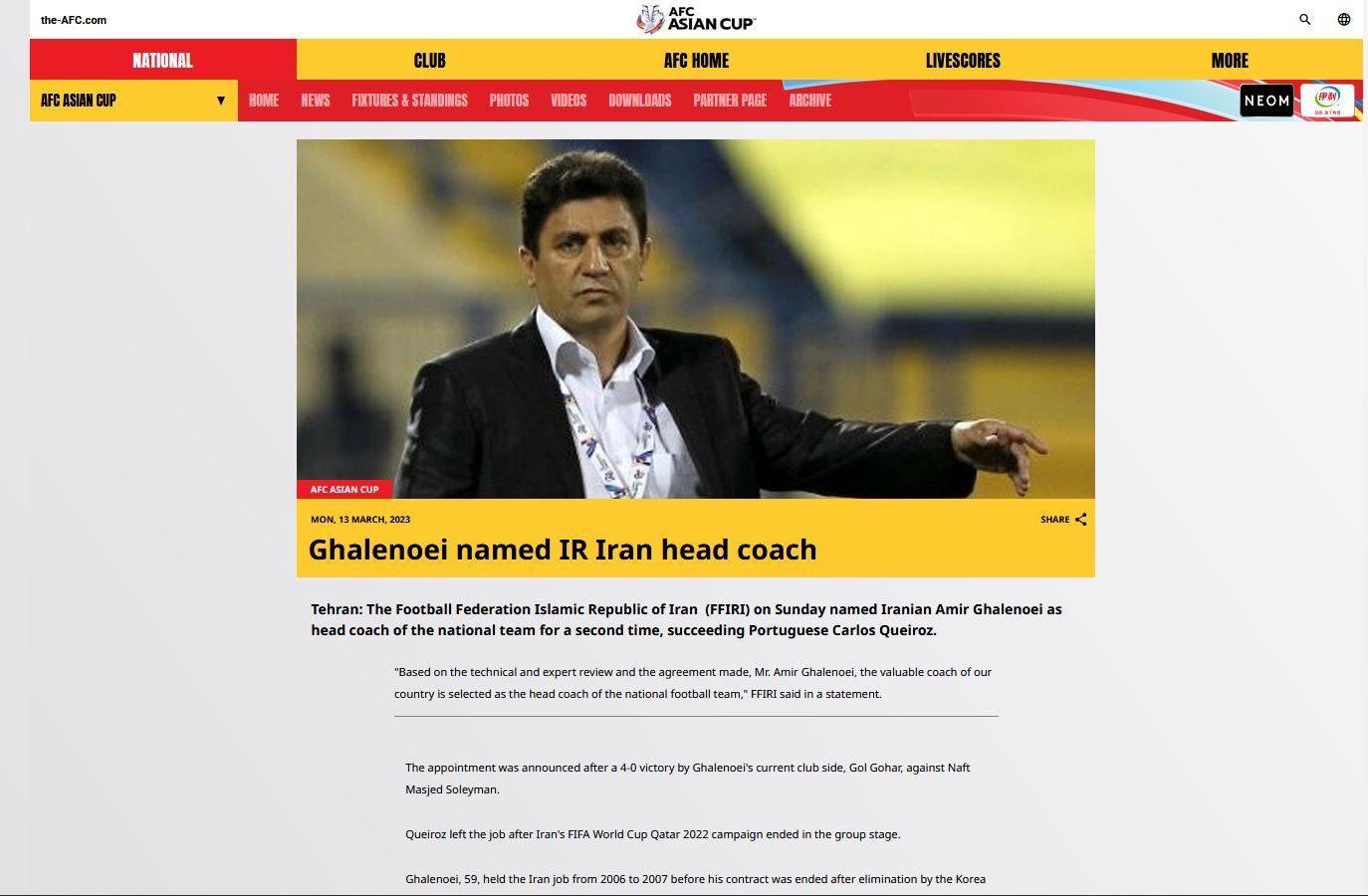 واکنش کنفدراسیون فوتبال آسیا به انتخاب امیر قلعه‌نویی