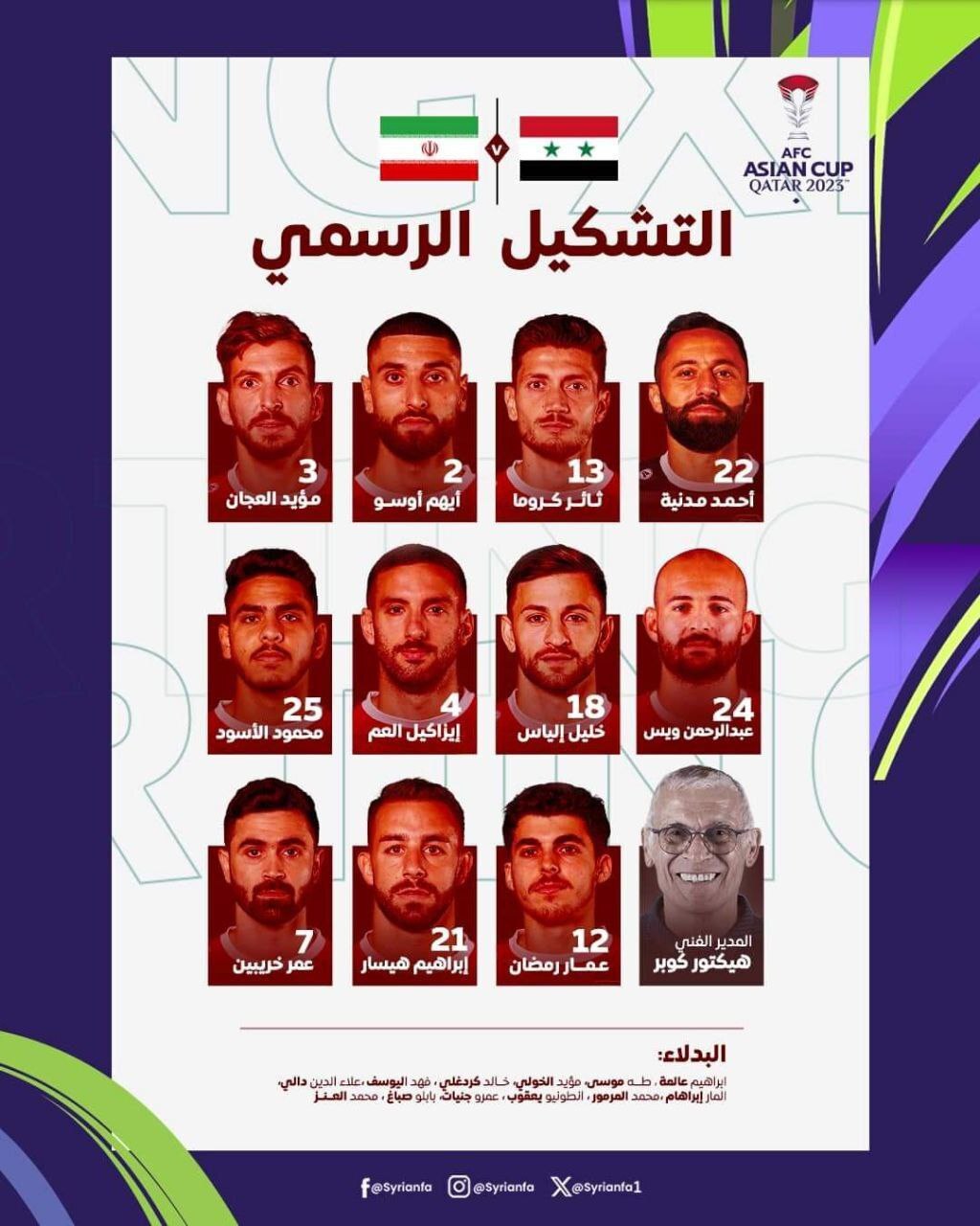 جام ملت‌های آسیا| اعلام ترکیب سوریه برای دیدار مقابل شاگردان قلعه‌نویی/ خریبین به بازی با ایران رسید