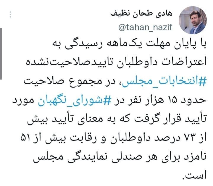 تایید صلاحیت حدود ۱۵ هزار نفر از داوطلبان انتخابات مجلس