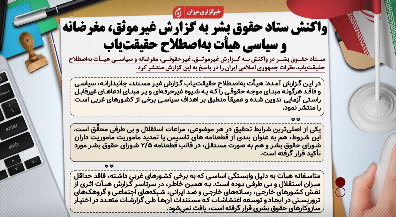 اینفوگرافیک | واکنش ستاد حقوق بشر به گزارش غیرموثق، مغرضانه و سیاسی هیئت بهاصطلاح حقیقتیاب اینفوگرافیک | واکنش ستاد حقوق بشر به گزارش غیرموثق، مغرضانه و سیاسی هیئت بهاصطلاح حقیقتیاب