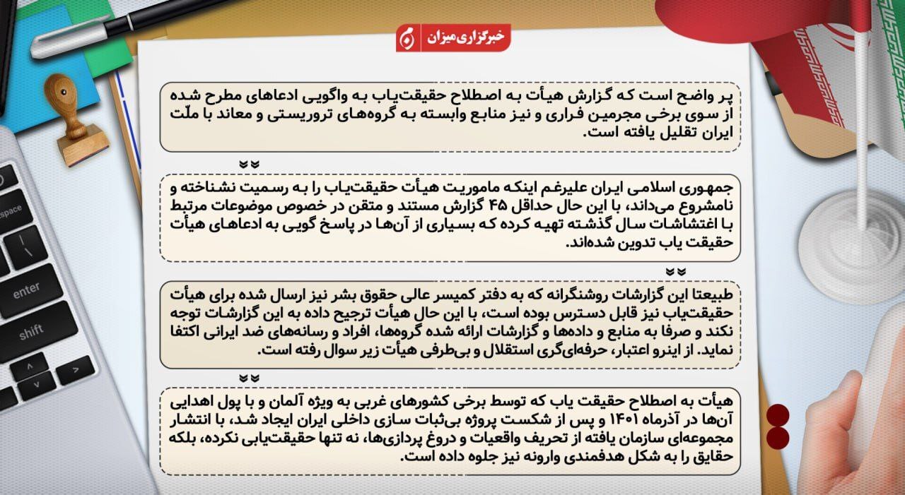 اینفوگرافیک | واکنش ستاد حقوق بشر به گزارش غیرموثق، مغرضانه و سیاسی هیئت بهاصطلاح حقیقتیاب اینفوگرافیک | واکنش ستاد حقوق بشر به گزارش غیرموثق، مغرضانه و سیاسی هیئت بهاصطلاح حقیقتیاب