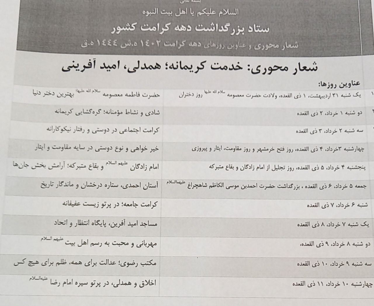 برنامه‌های دهه کرامت؛ از  اجتماع بزرگ دختران در مسجد مقدس جمکران تا اختتامیه جشنواره بین‌المللی امام رضا(ع) با حضور رئیس جمهور