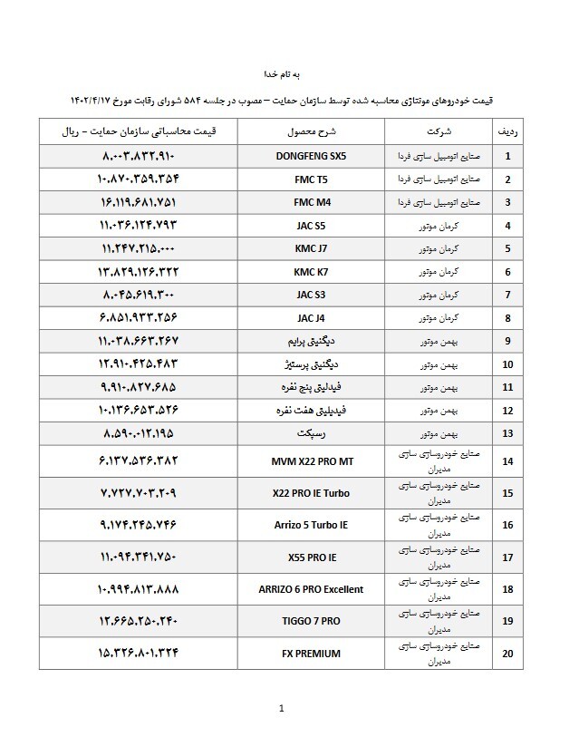قیمت‌های جدید ۲۸ خودروی مونتاژی اعلام شد