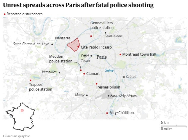 سومین شب اعتراض و آشوب سراسری در فرانسه/بیش از ۴۲۰ نفر بازداشت شدند/اعلام مقررات منع آمد و شد شبانه و ممنوعیت تجمعات/سرایت ناآرامی‌ها به بلژیک/نگرانی درباره تشدید خشونت‌ها در شب‌های آینده