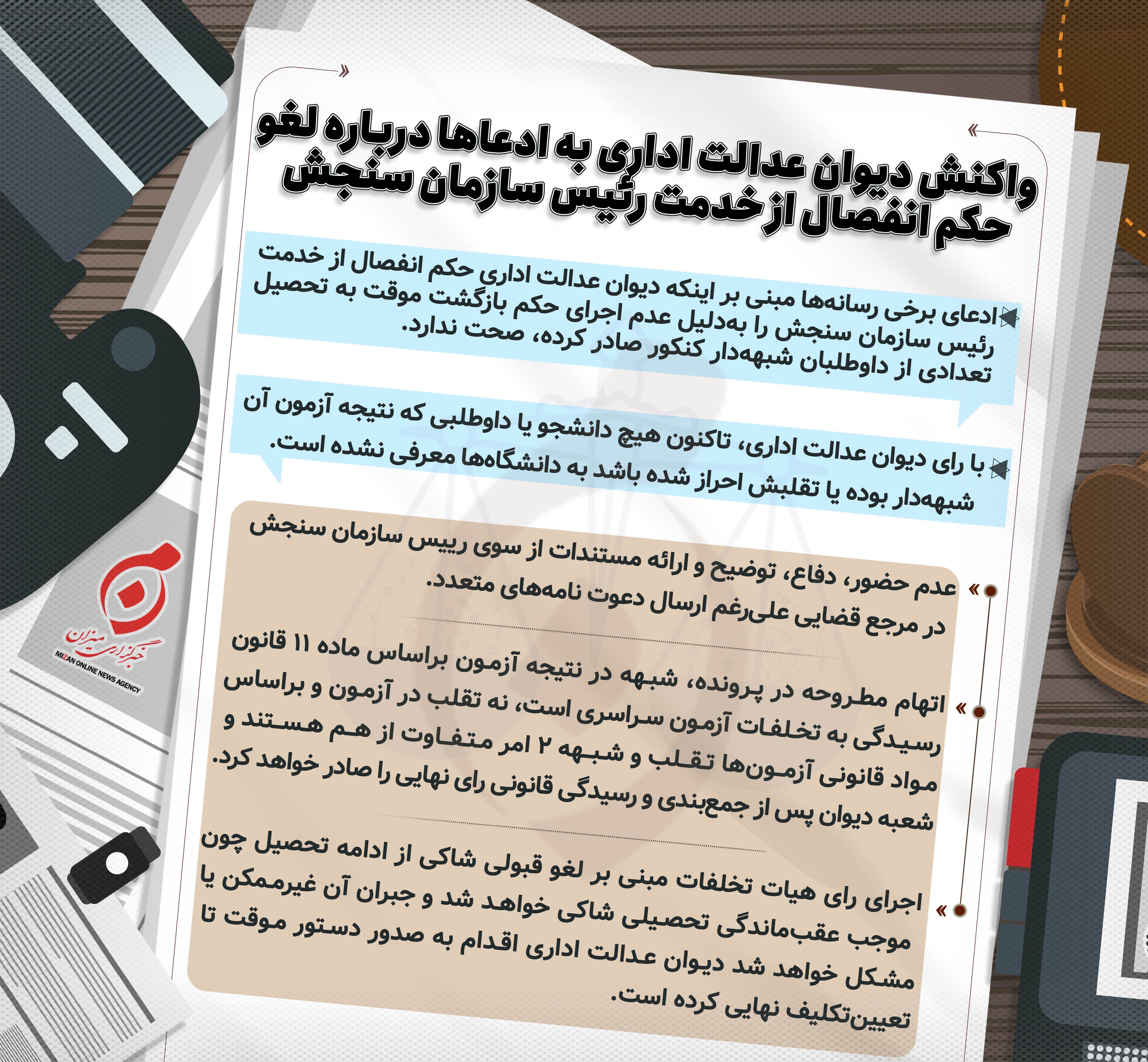 اینفوگرافیک | واکنش دیوان عدالت اداری به ادعاها درباره لغو حکم انفصال از خدمت رئیس سازمان سنجش