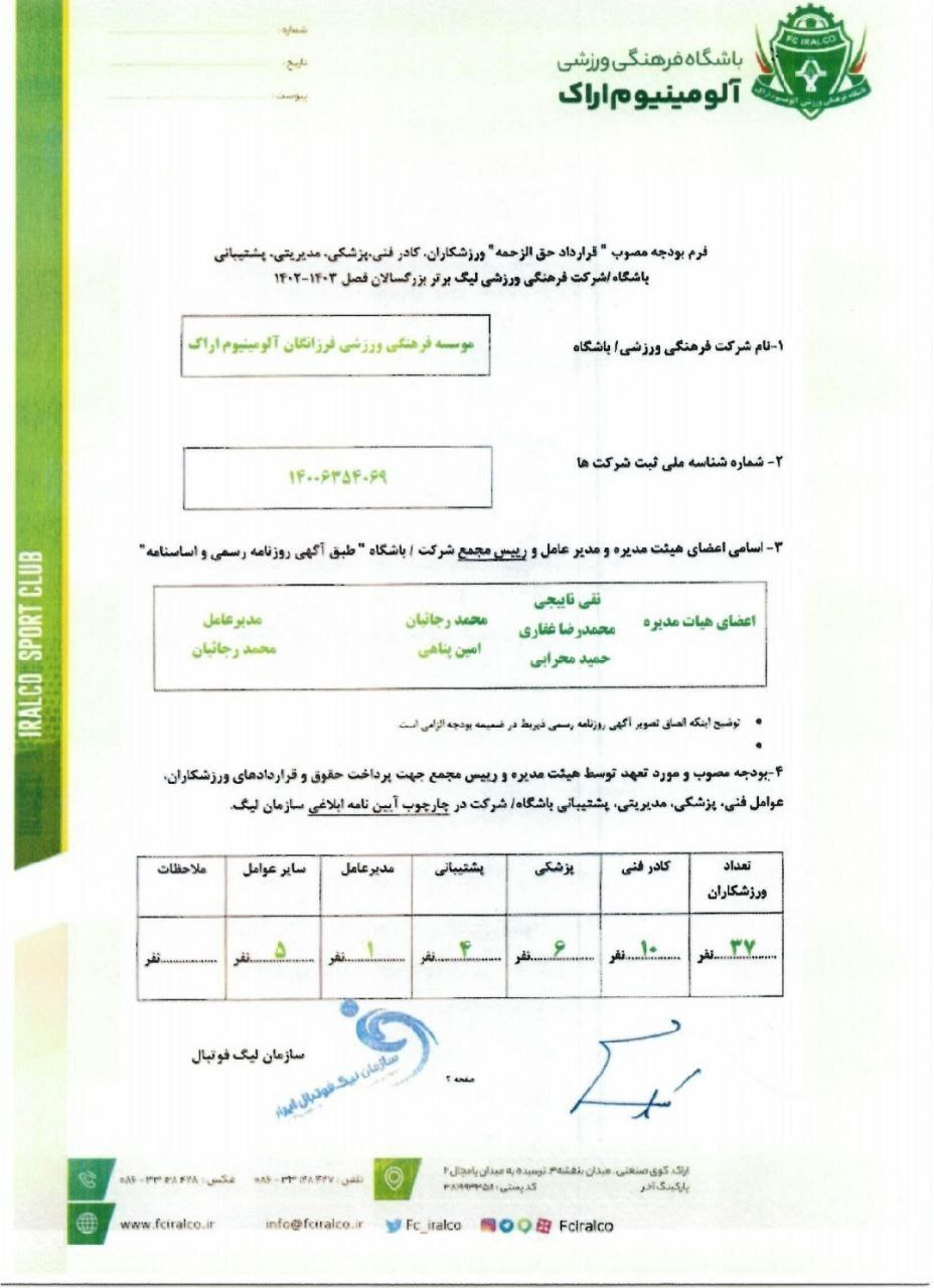 سقف بودجه باشگاه آلومینیوم اراک اعلام شد سقف بودجه باشگاه آلومینیوم اراک اعلام شد