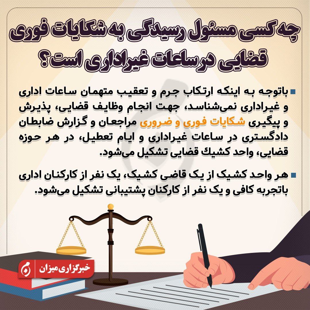 اینفوگرافیک | چه کسی مسئول رسیدگی به شکایات فوری قضایی در ساعات غیراداری است؟