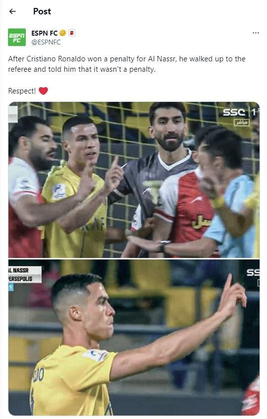 بازتاب حرکت جوانمردانه رونالدو در دیدار مقابل پرسپولیس در رسانههای جهانی + عکس و فیلم بازتاب حرکت جوانمردانه رونالدو در دیدار مقابل پرسپولیس در رسانههای جهانی + عکس و فیلم