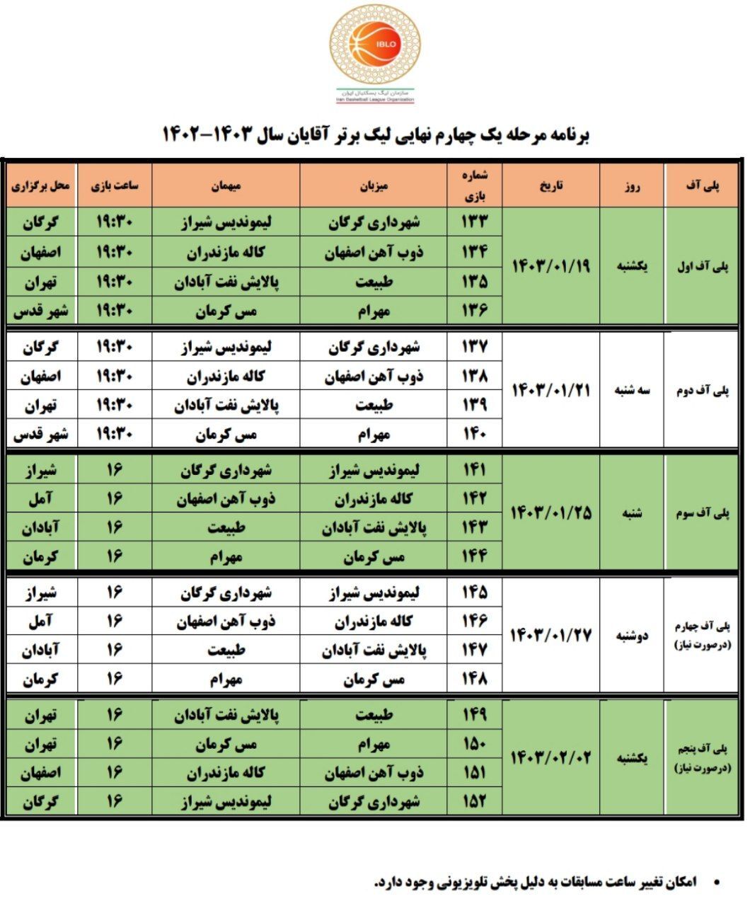 اعلام برنامه مرحله پلی‌آف لیگ برتر بسکتبال مردان