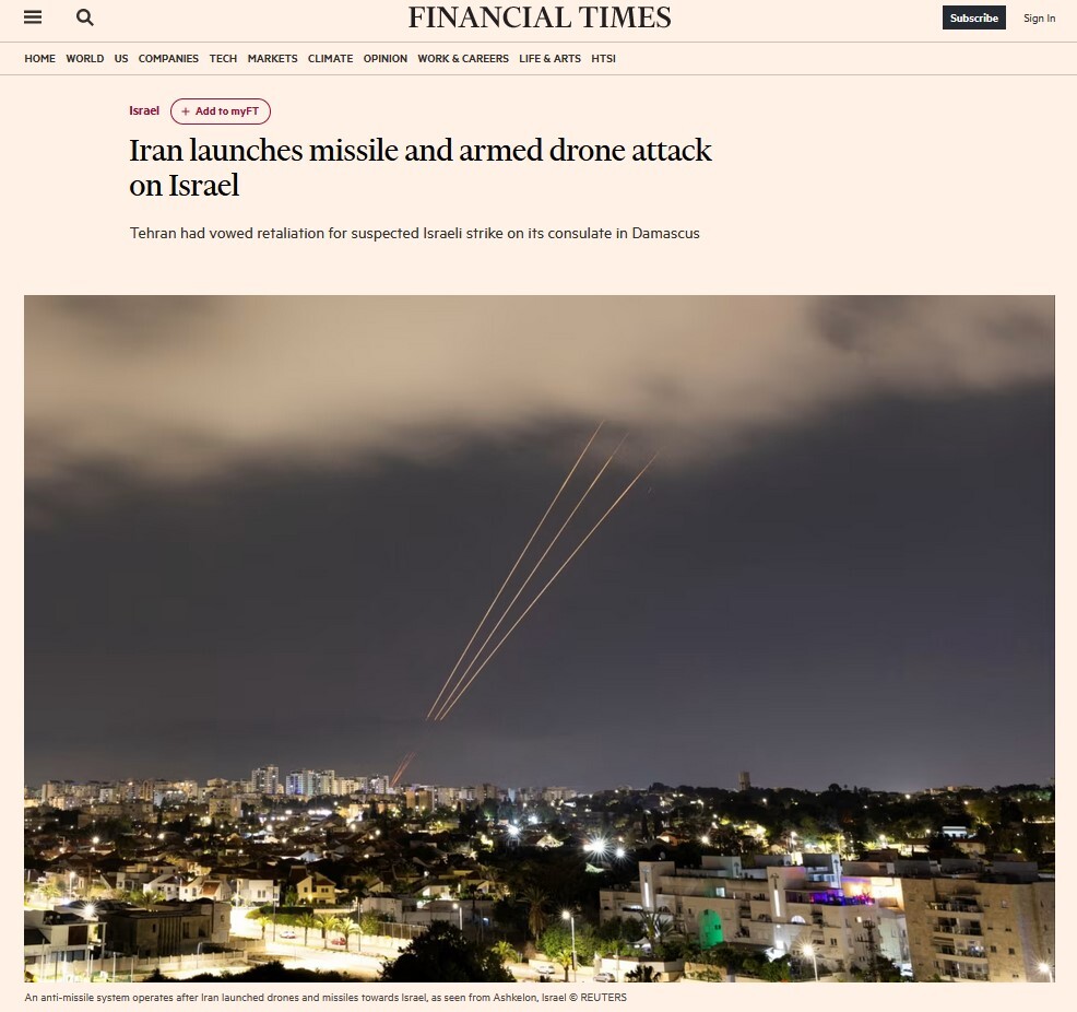 بازتاب بین‌المللی عملیات موشکی و پهپادی سپاه پاسداران علیه رژیم صهیونیستی