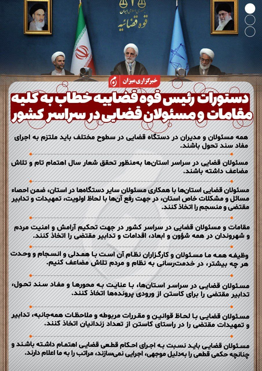 اینفوگرافیک | دستورات رئیس قوه قضاییه خطاب به کلیه مقامات و مسئولان قضایی در سراسر کشور