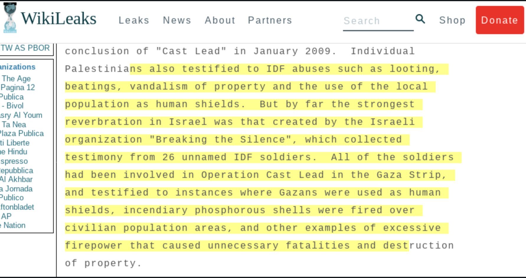استفاده رژیم صهیونیستی از فلسطینی‌ها به‌عنوان سپر انسانی؛ ویکی‌لیکس سند منتشر کرد