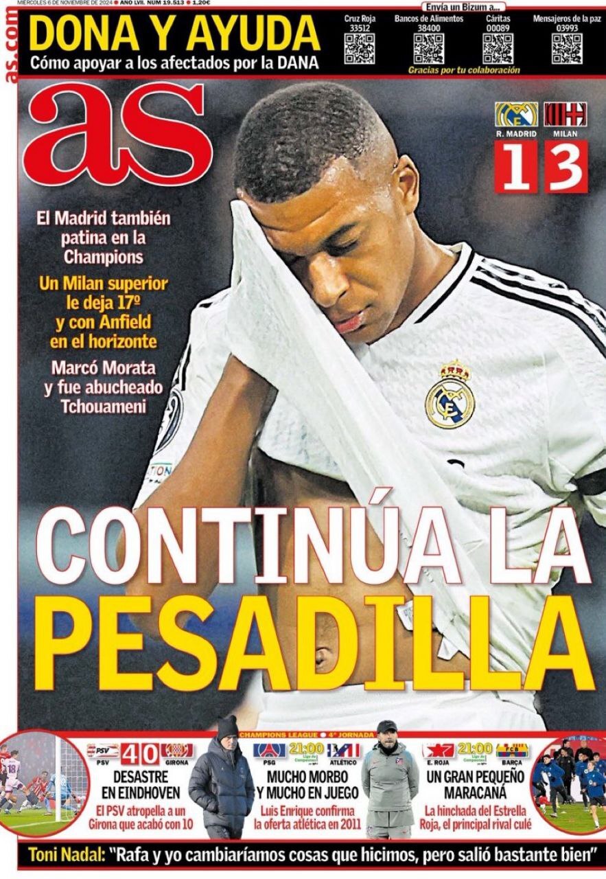 واکنشِ شدید روزنامههای مارکا و آاِس به شکست سنگین رئال مادرید مقابل میلان + عکس واکنشِ شدید روزنامههای مارکا و آاِس به شکست سنگین رئال مادرید مقابل میلان + عکس