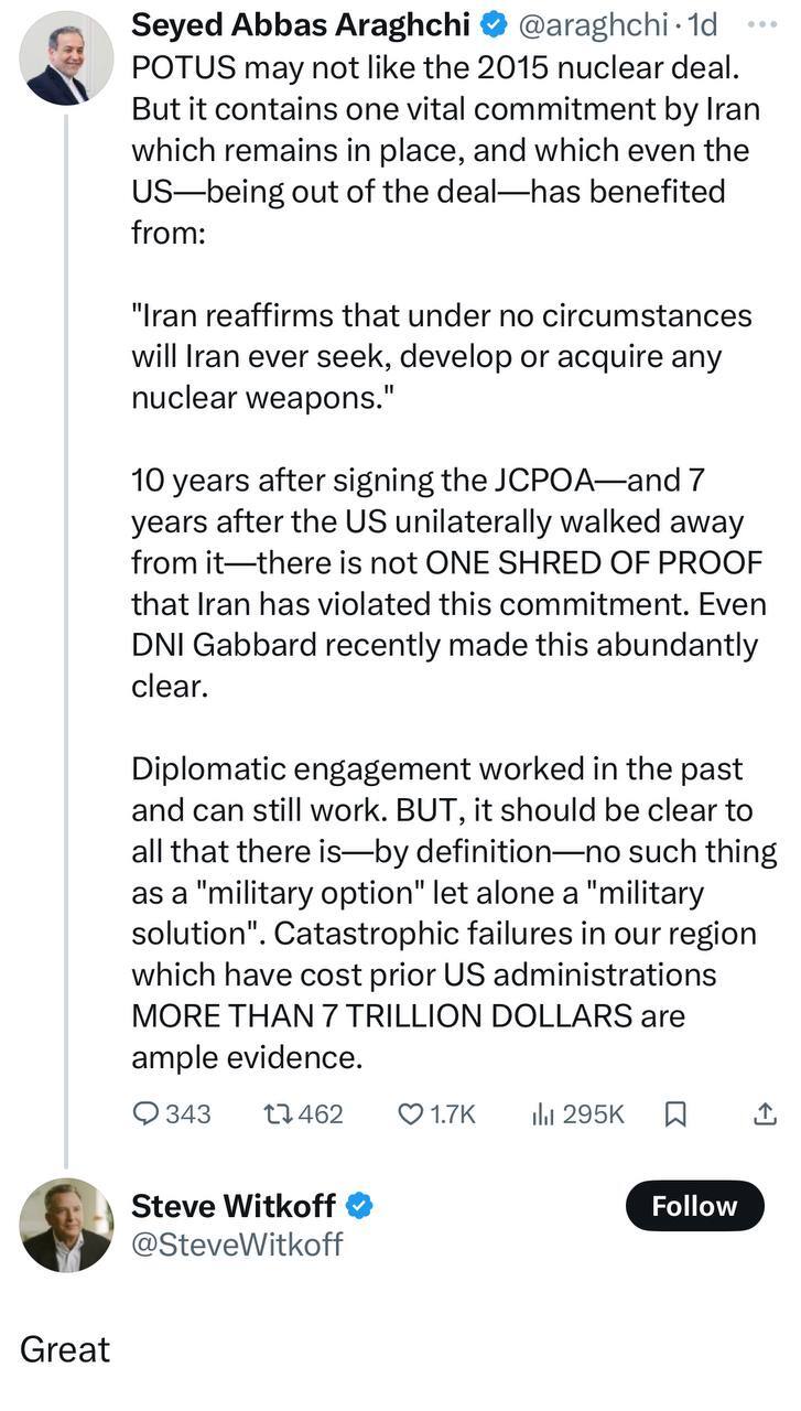 واکنش نماینده ویژه ترامپ در امور خاورمیانه به توییت عراقچی