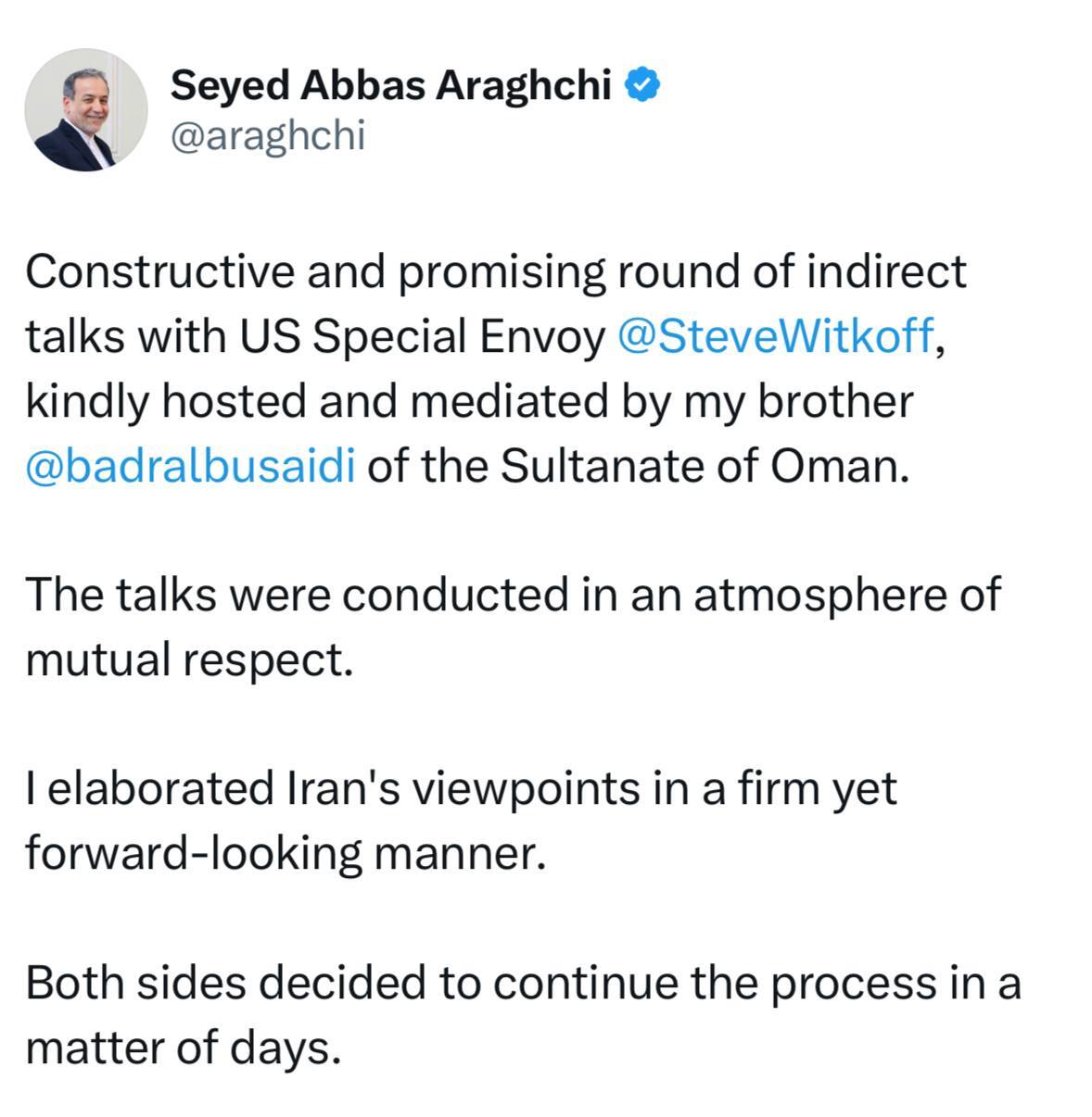 آخرین اخبار مذاکرات غیرمستقیم ایران و آمریکا در عمان/ وزارت امور خارجه: پایان گفت‌وگوی غیرمستقیم عراقچی و ویتکاف/ گفت‌وگو هفته آینده ادامه می‌یابد