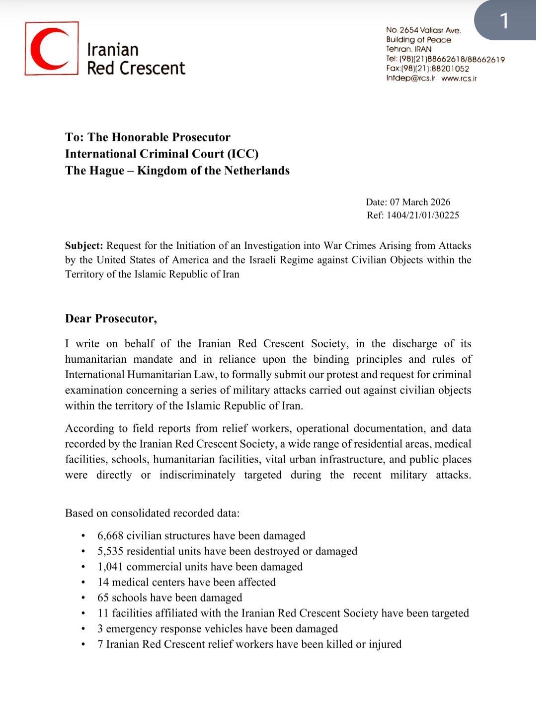 درخواست رسمی هلال‌احمر ایران از دادستان دیوان کیفری بین‌المللی برای تحقیق درباره جنایات جنگی در حملات به اهداف غیرنظامی