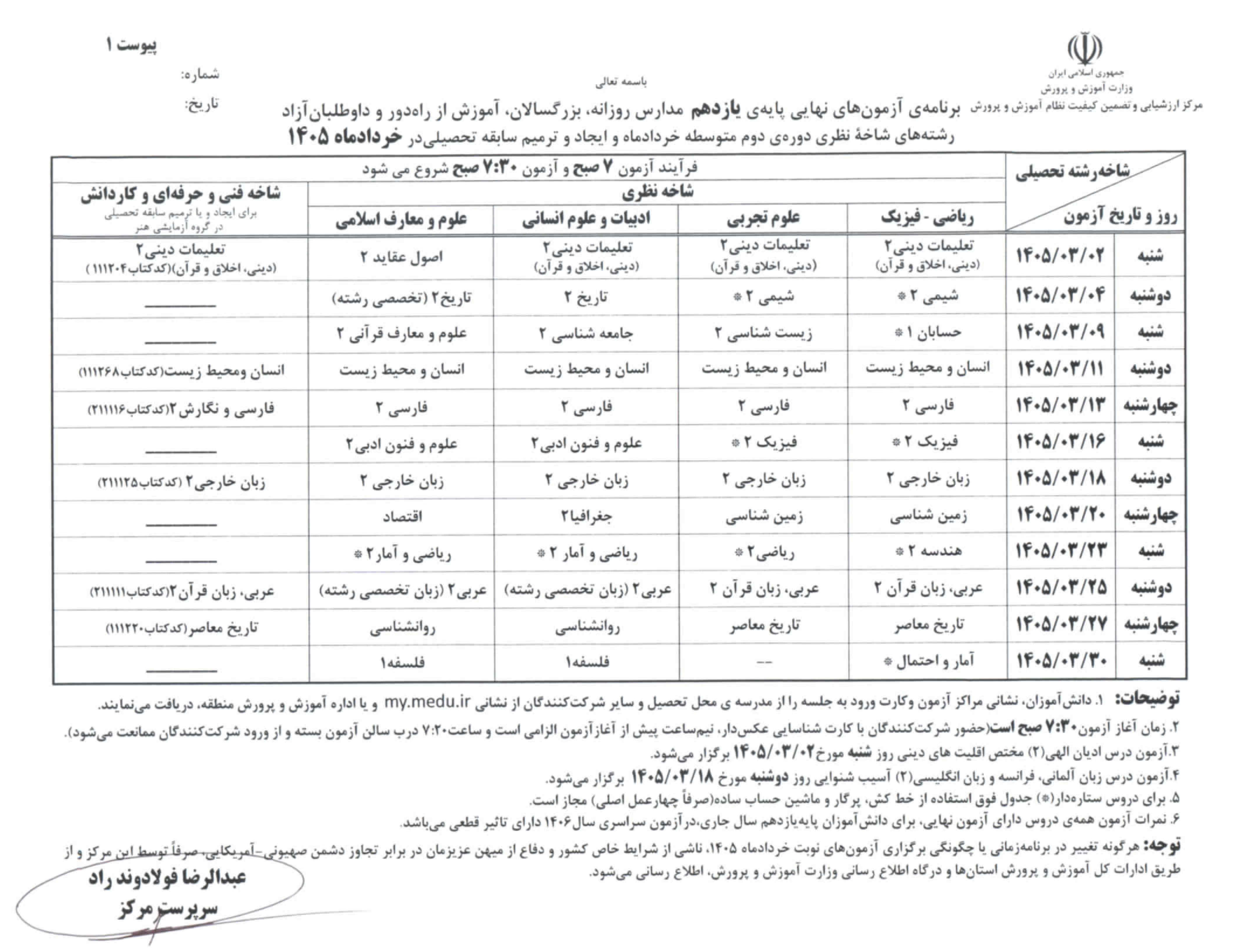 برنامه امتحانات نهایی مدارس در خرداد ۱۴۰۵ اعلام شد