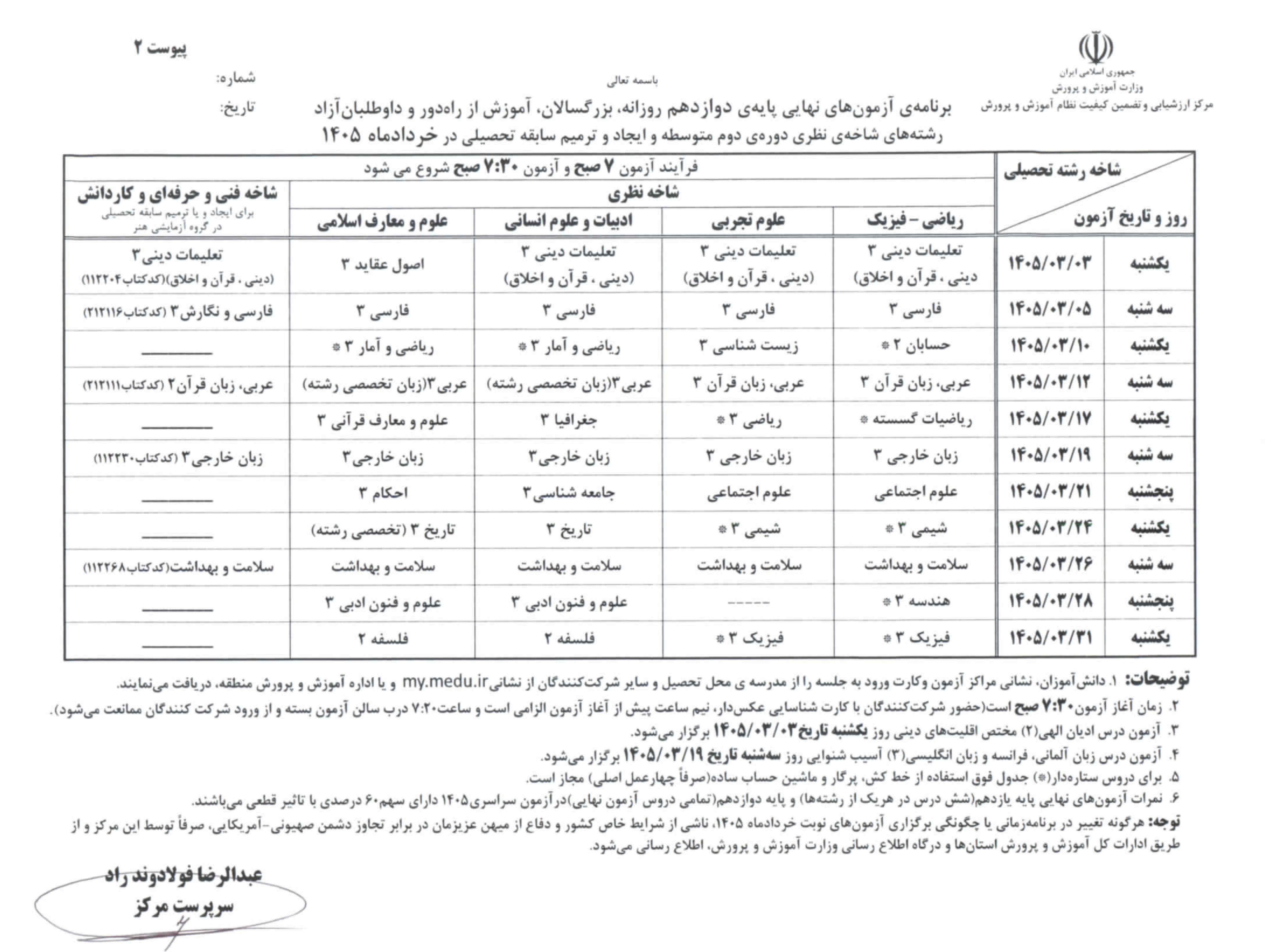 برنامه امتحانات نهایی مدارس در خرداد ۱۴۰۵ اعلام شد