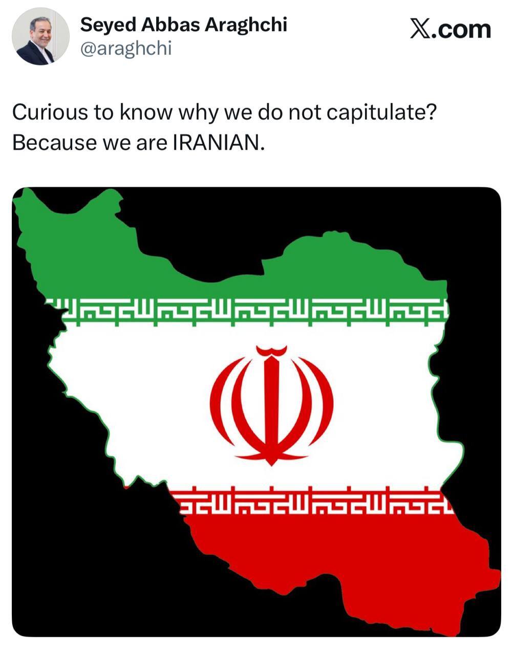 پاسخ عراقچی به کنجکاوی ترامپ: تسلیم نمی شویم چون ما ایرانی هستیم پاسخ عراقچی به کنجکاوی ترامپ: تسلیم نمی شویم چون ما ایرانی هستیم