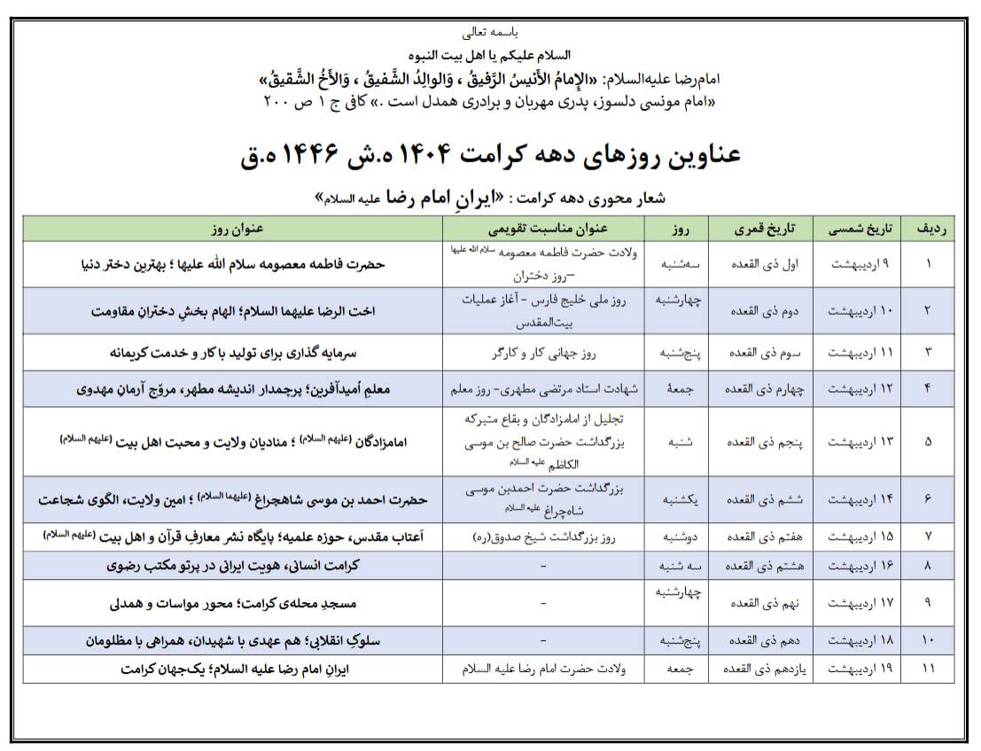 شعار محوری و عناوین روز‌های دهه کرامت ۱۴۰۴ اعلام شد