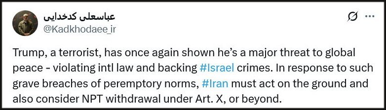 کدخدایی: در مقابل جنایت‌های تروریستی مانند ترامپ، نمی‌توان از صلح و حقوق سخن گفت