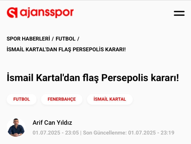بازتاب قطع همکاری کارتال با پرسپولیس در رسانههای ترکیه با چاشنی کنایه بازتاب قطع همکاری کارتال با پرسپولیس در رسانههای ترکیه با چاشنی کنایه