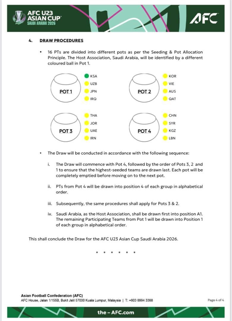 اعلام زمان قرعه‌کشی جام ملت‌های فوتبال زیر ۲۳سال آسیا