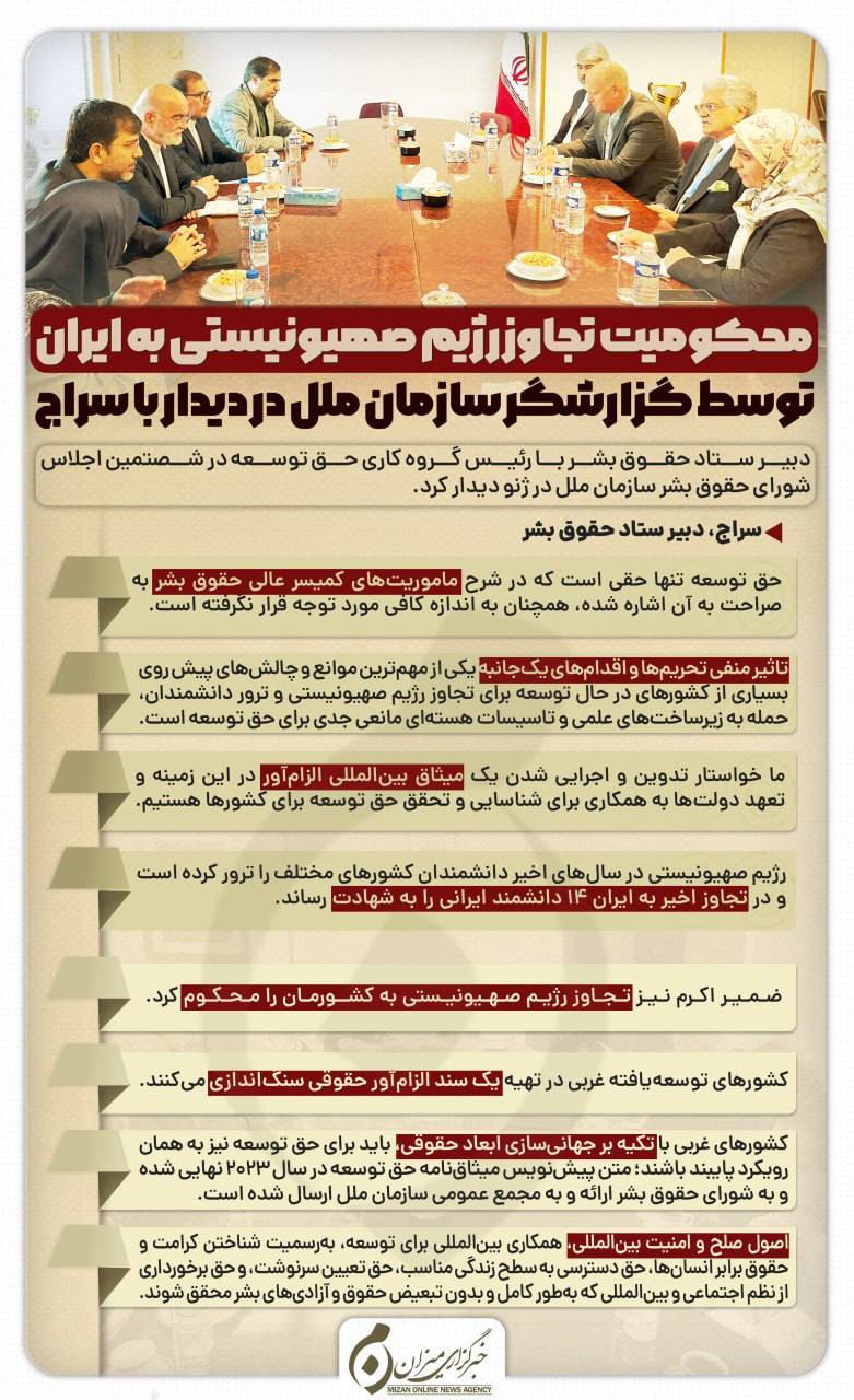 اینفوگرافیک | محکومیت تجاوز رژیم صهیونیستی به ایران توسط گزارشگر سازمان ملل در دیدار با سراج