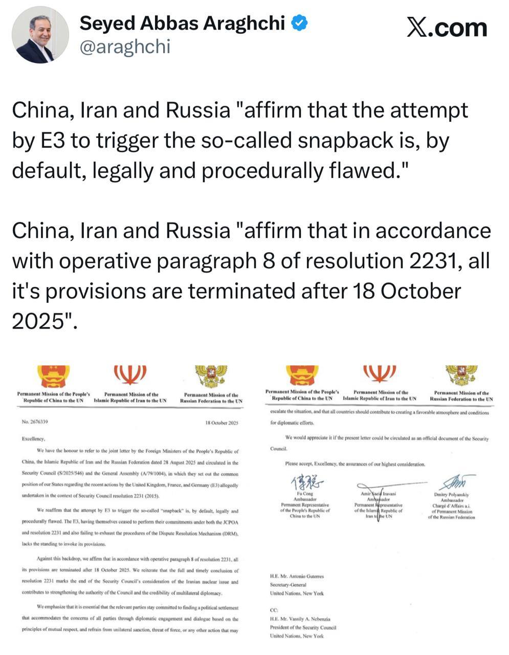 عراقچی: چین، ایران و روسیه تأکید می‌کنند که فعال‌سازی اسنپ‌بک، از نظر حقوقی از اساس نادرست است