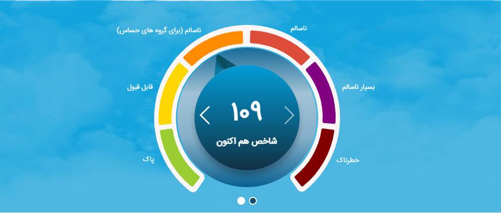 کیفیت هوای پایتخت ۶ آبان ۱۴۰۴؛ شاخص آلودگی ۱۰۹ و در وضعیت «ناسالم» برای گروههای حساس کیفیت هوای پایتخت ۶ آبان ۱۴۰۴؛ شاخص آلودگی ۱۰۹ و در وضعیت «ناسالم» برای گروههای حساس