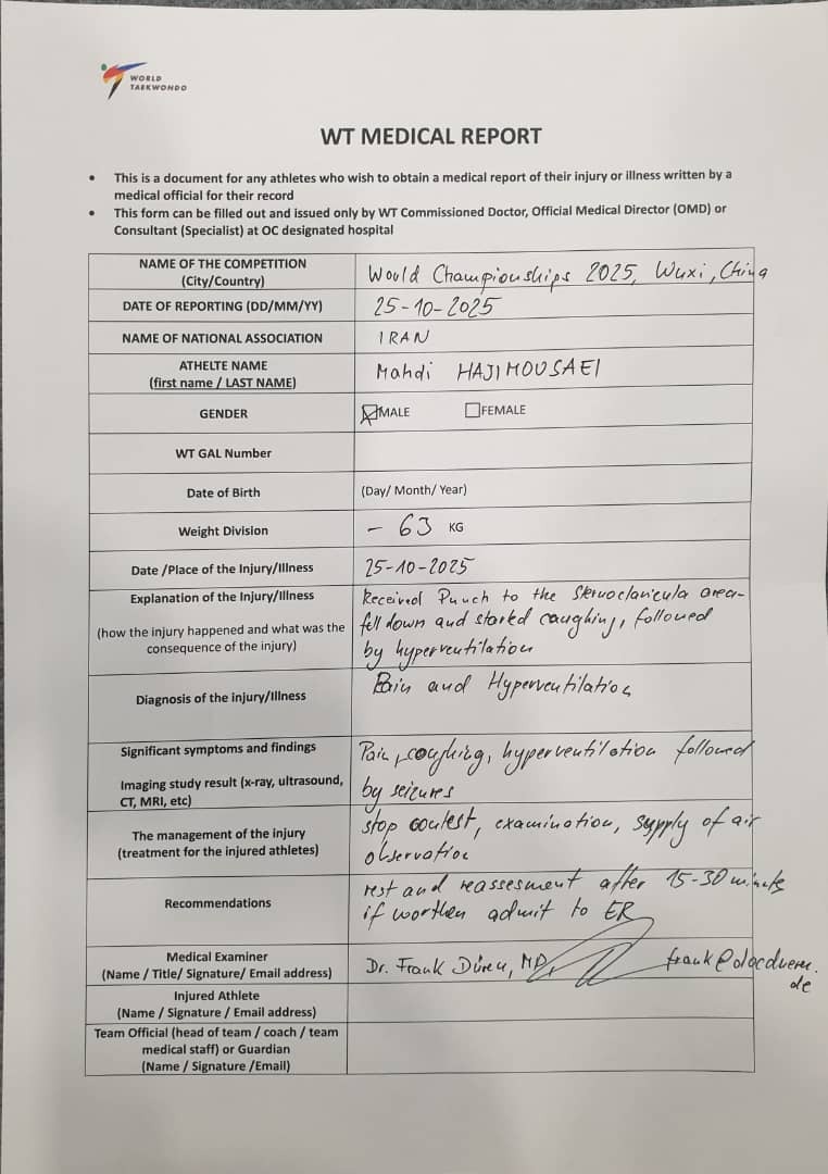 رئیس فدراسیون تکواندو: سلامتی حاجی موسایی از هر مدالی ارزشمندتر است/ ضربه حریف تونسی مشکوک بود