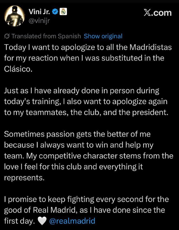 وینیسیوس از رئالی‌ها معذرت خواست