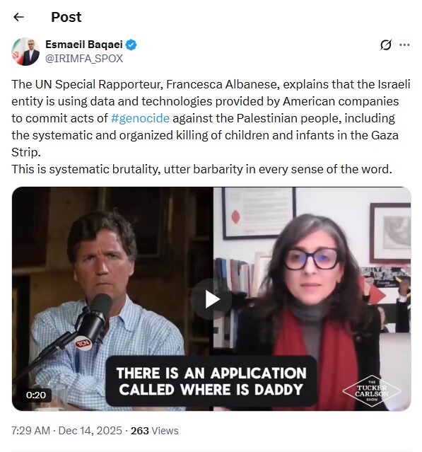 بقایی: نسلکشی رژیم صهیونیستی با استفاده از فناوریهای شرکتهای آمریکایی وحشیگری نظاممند است بقایی: نسلکشی رژیم صهیونیستی با استفاده از فناوریهای شرکتهای آمریکایی وحشیگری نظاممند است