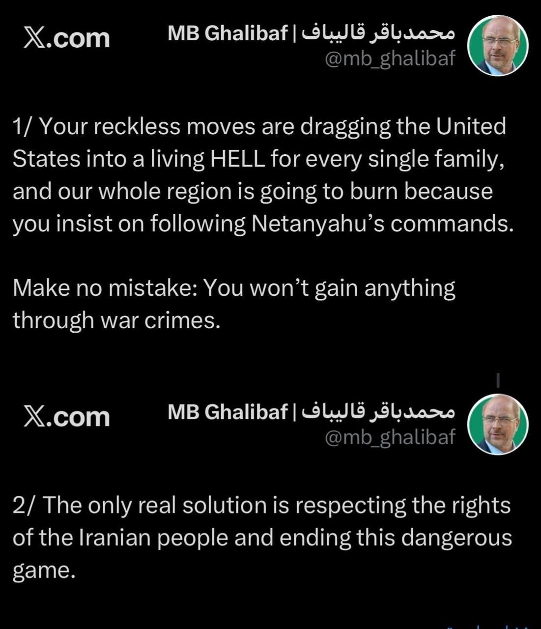 پاسخ قالیباف به تهدید ترامپ: اصرار تو بر اطاعت از دستورات نتانیاهو، کل منطقه را به آتش میکشد پاسخ قالیباف به تهدید ترامپ: اصرار تو بر اطاعت از دستورات نتانیاهو، کل منطقه را به آتش میکشد