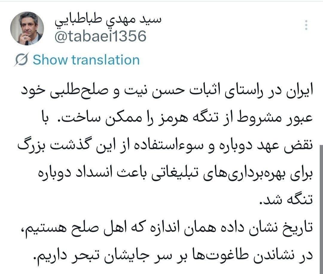 طباطبایی: تاریخ نشان داده همان اندازه که اهل صلح هستیم، در نشاندن طاغوت‌ها بر سر جایشان تبحر داریم