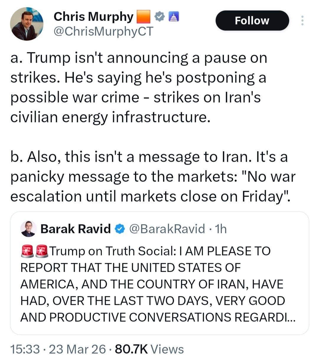 سناتور آمریکایی: ترامپ از جنایت جنگی نترسیده بلکه نگران بازار‌های مالی است