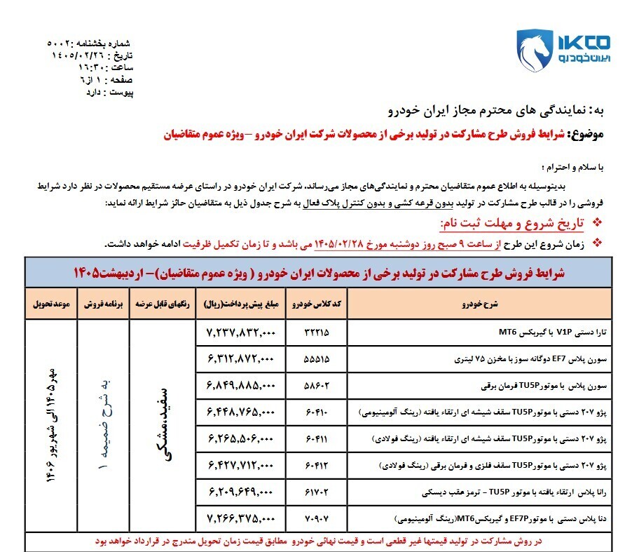 آغاز ثبت‌نام طرح مشارکت در تولید ایران‌خودرو برای عموم مردم از فردا