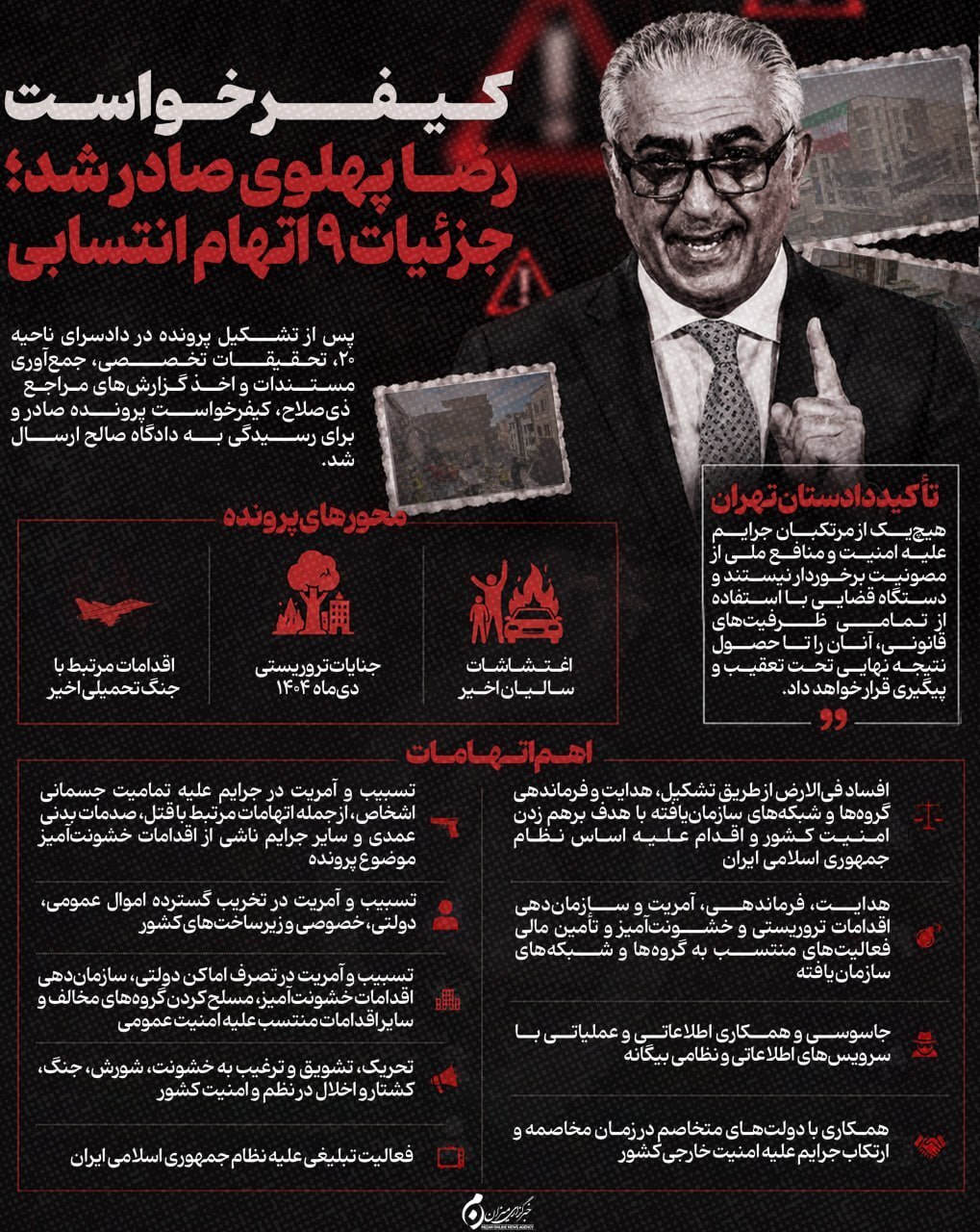 اینفوگرافیک | کیفرخواست پسر فرح صادر شد؛ جزئیات ۹ اتهام انتسابی