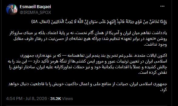 بقائی: ایران با قاطعیت از منافع ملی و حاکمیت خود دفاع خواهد کرد