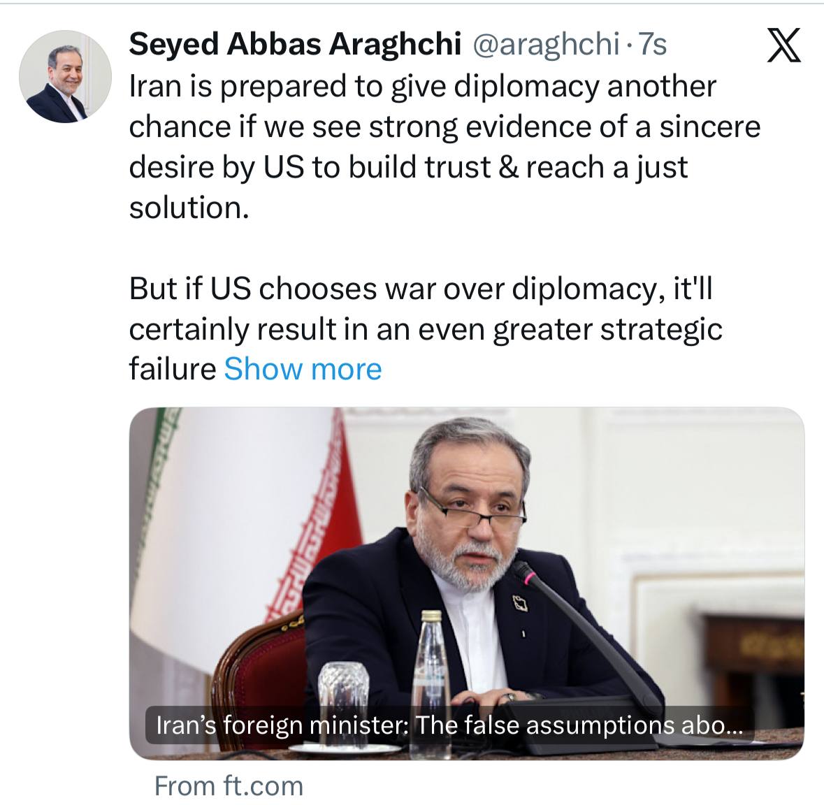 عراقچی: ایران آماده است بار دیگر به دیپلماسی فرصت بدهد عراقچی: ایران آماده است بار دیگر به دیپلماسی فرصت بدهد