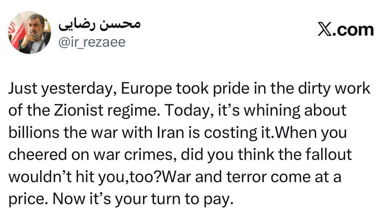 سرلشکر رضایی: جنگ و ترور تاوان دارد؛ حالا نوبت شماست که تاوان پس بدهید