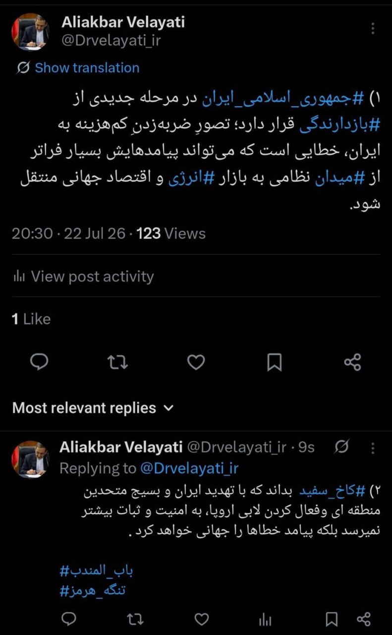 ولایتی: تصورِ ضربه‌زدنِ کم‌هزینه به ایران، خطایی است که می‌تواند پیامدهایش بسیار فراتر از میدان نظامی به بازار انرژی و اقتصاد جهانی منتقل شود