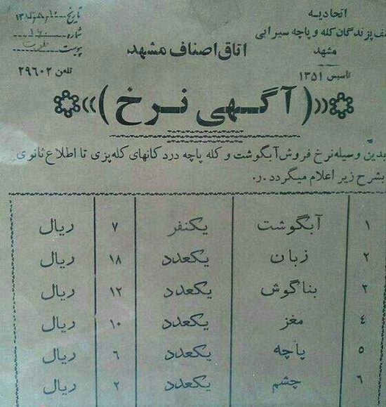 قیمت «کله پاچه» در سال 53 چقدر بود؟ +عکس قیمت «کله پاچه» در سال 53 چقدر بود؟ +عکس