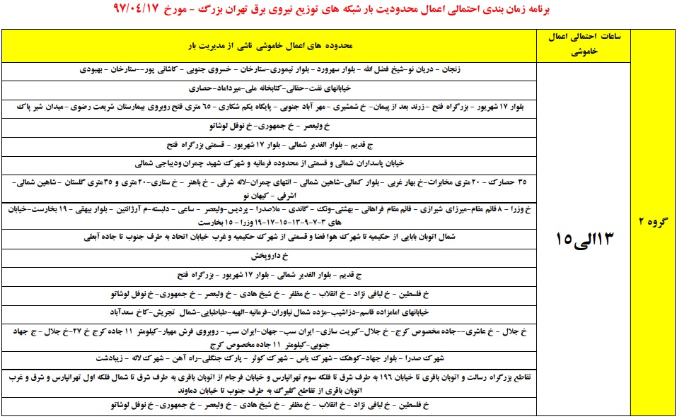 جدول زمانبندی قطعی برق تهرانی ها منتشر شد جدول زمانبندی قطعی برق تهرانی ها منتشر شد