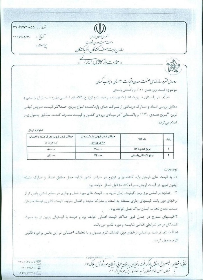 قیمت برنج هندی و پاکستانی اعلام شد