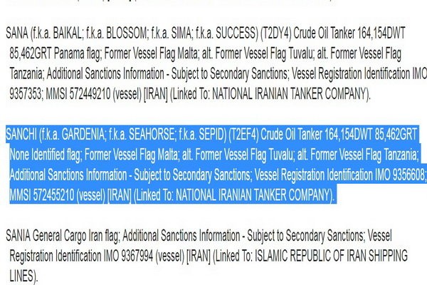 سوتی جدید آمریکا؛ سانچی غرق شده هم تحریم شد! +سند سوتی جدید آمریکا؛ سانچی غرق شده هم تحریم شد! +سند