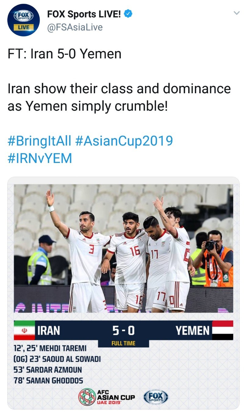 واکنش صفحه توئیتری فاکس اسپورت به برد قاطعانه تیم ملی ایران در مقابل یمن واکنش صفحه توئیتری فاکس اسپورت به برد قاطعانه تیم ملی ایران در مقابل یمن