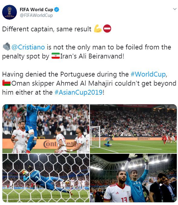 واکنش صفحات فیفا و AFC نسبت به مهار پنالتی بیرانوند +تصاویر واکنش صفحات فیفا و AFC نسبت به مهار پنالتی بیرانوند +تصاویر