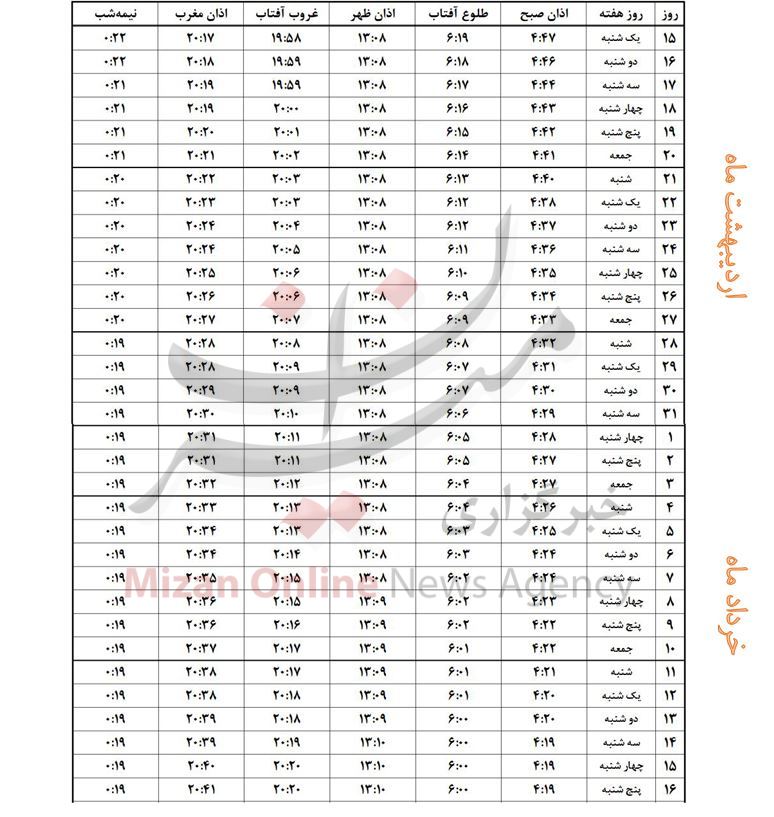اوقات شرعی ماه مبارک رمضان ۱۴۴۰- شهر اراک +جدول اوقات شرعی ماه مبارک رمضان ۱۴۴۰- شهر اراک +جدول