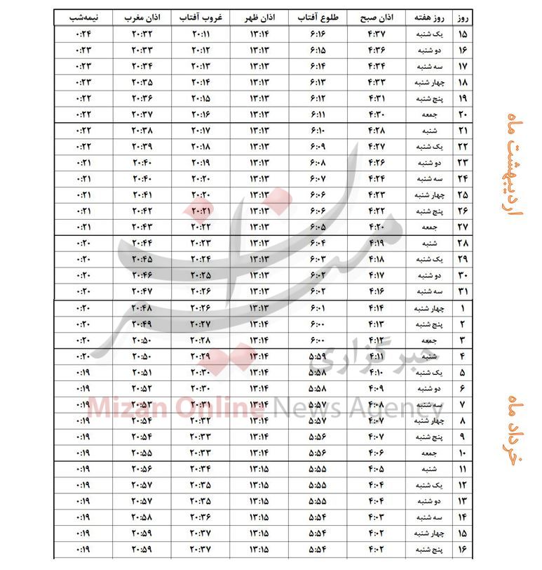 اوقات شرعی ماه مبارک رمضان ۱۴۴۰- شهر اردبیل+جدول اوقات شرعی ماه مبارک رمضان ۱۴۴۰- شهر اردبیل+جدول
